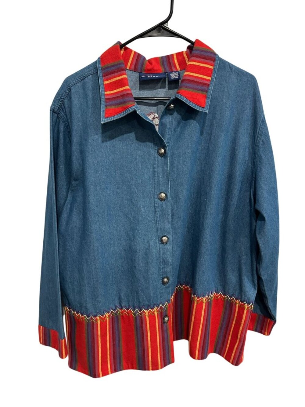 CST Blues 1X Embroidered Denim Shirt Striped Trim Floral Back Boho Rusticcore